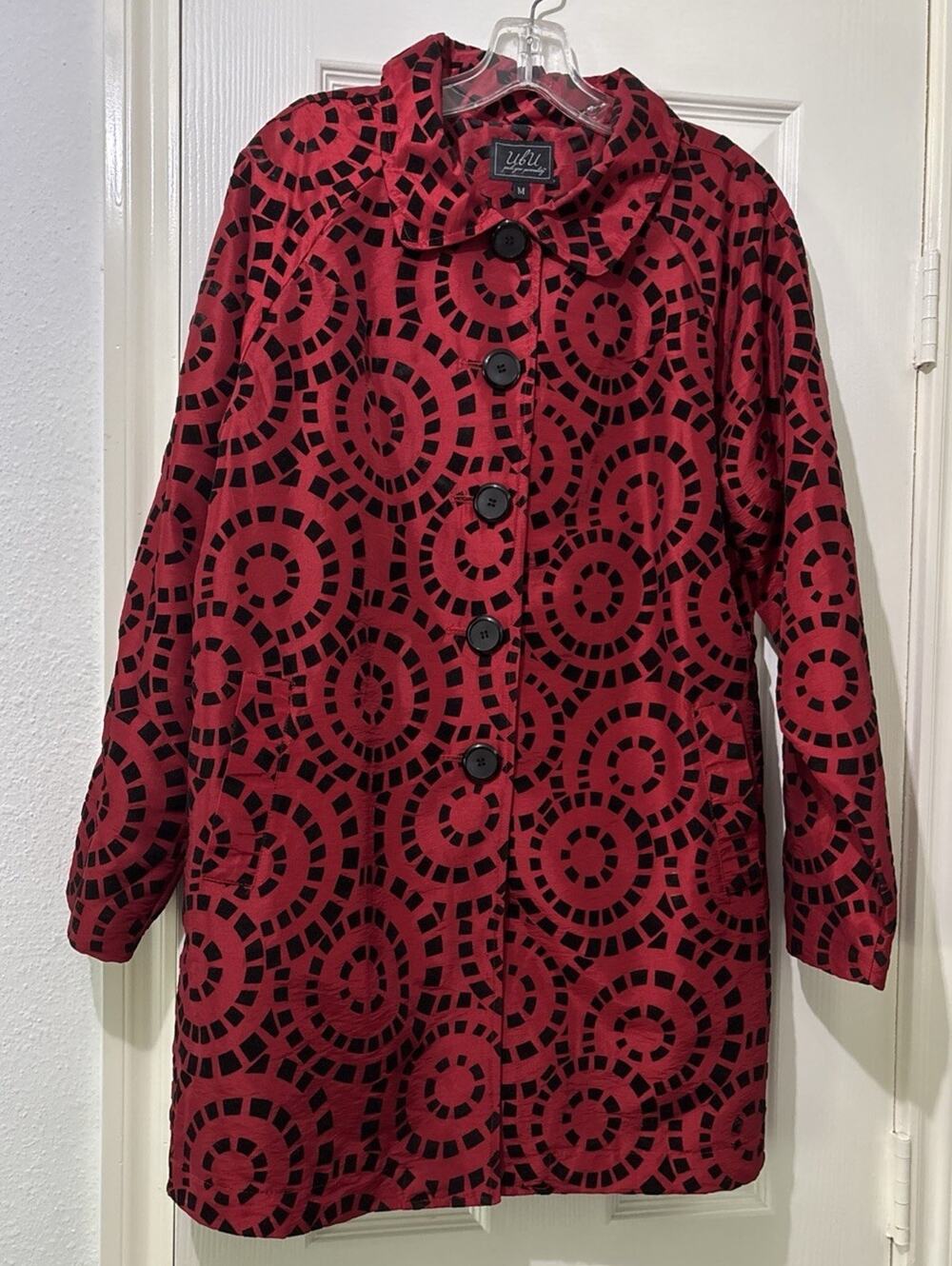 UBU Pack Your Personality Jacket Womens M Red Black Burnout Velvet Circle Print